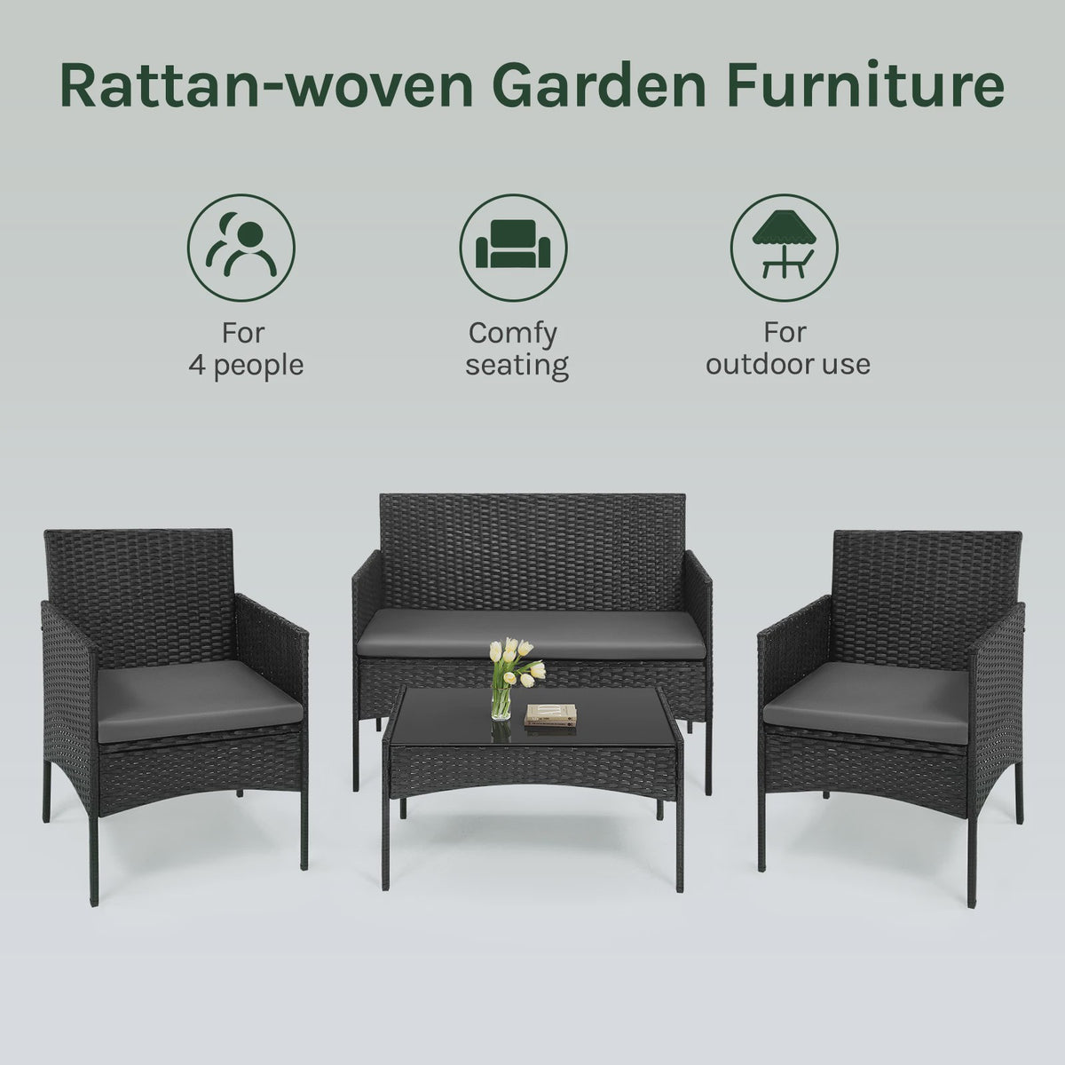 Luxe Rotan Tuinmeubelset: 2 Fauteuils, 1 Bank & Salontafel - Weerbestendig voor Balkon & Tuin