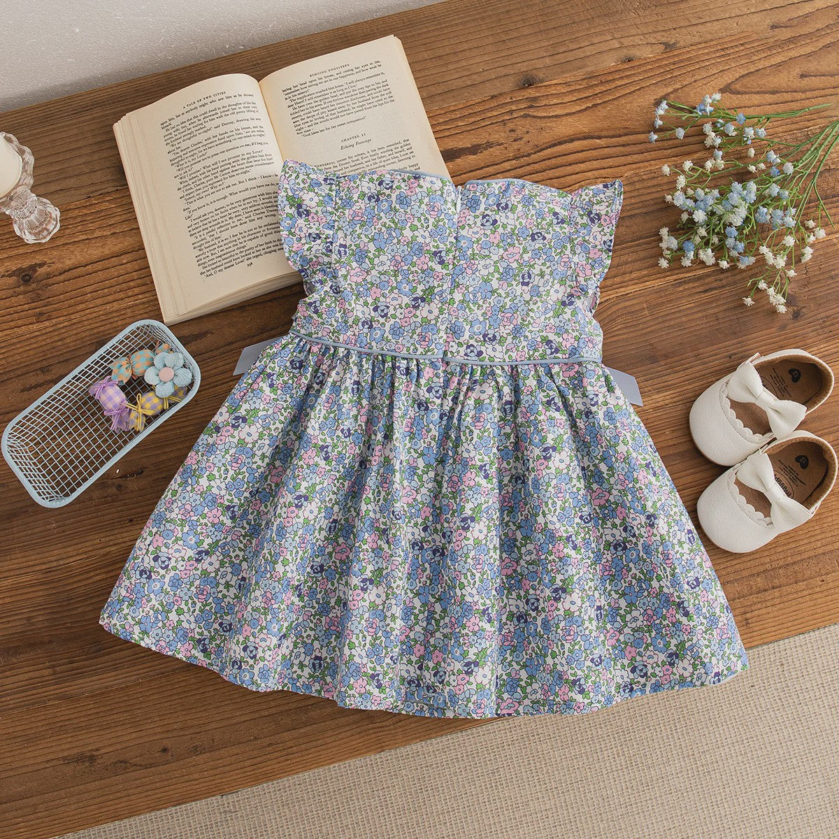Zomerse Blauwe Bloemen Jurk voor Baby Meisjes - Koreaanse Stijl met Strikjes