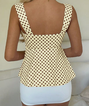 Dames Polka Dot Cami Top - Geel met Bruine Stippen & Strikdetail