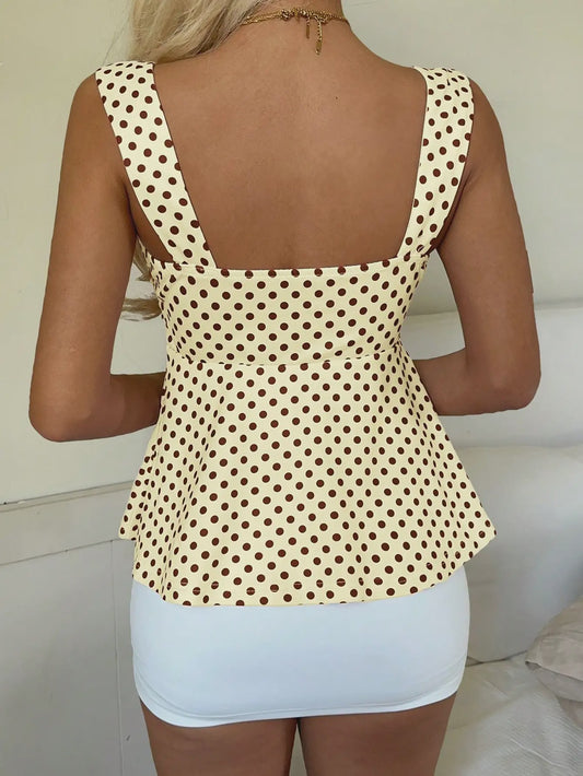 Dames Polka Dot Cami Top - Geel met Bruine Stippen & Strikdetail