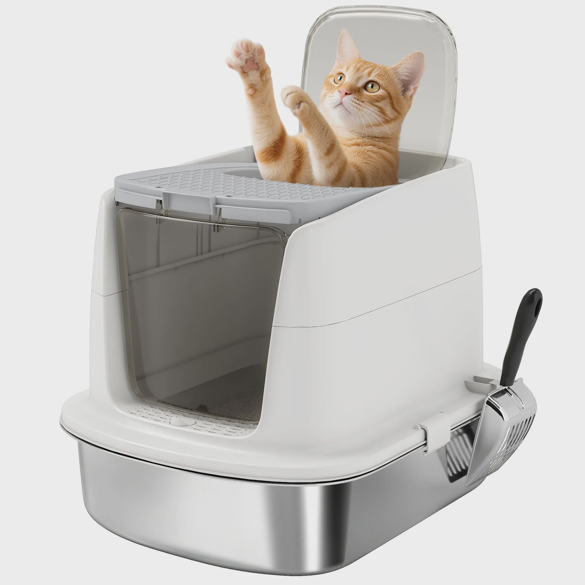 Pawhut Luxe RVS Kattenbak met Klepdeksel, Metalen Schep & Geurfilter - Wit