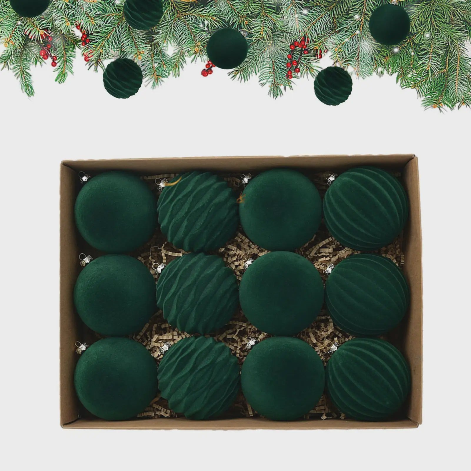 Set van 12 Luxe Fluweel Kerstballen - Fluwelen Kerstboom Decoratie