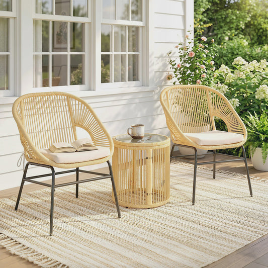 Outsunny Balkon Bistro Set - 3 Delig met 2 Comfortabele Stoelen en Glazen Tafel - Beige