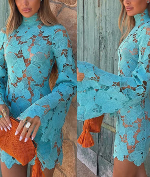 Women's 2026 High Neckline Lace Mini Dress Long Sleeve Loose Dress Casual European Holiday Beach Cover Up Elegant Evening Wear