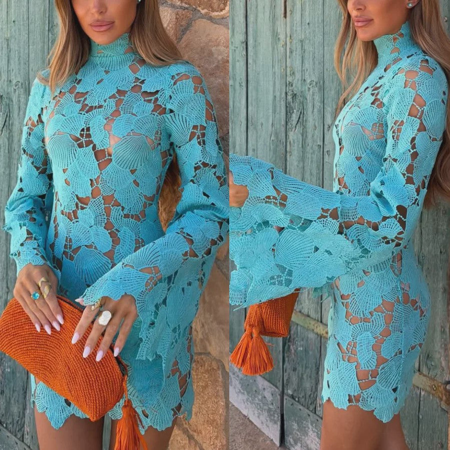 Women's 2026 High Neckline Lace Mini Dress Long Sleeve Loose Dress Casual European Holiday Beach Cover Up Elegant Evening Wear