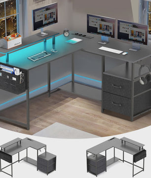 L-vormig Bureau met LED Verlichting, 2 Stopcontacten, USB/Type-C Poorten & Ladeblok - Ideaal voor Gaming & Werk