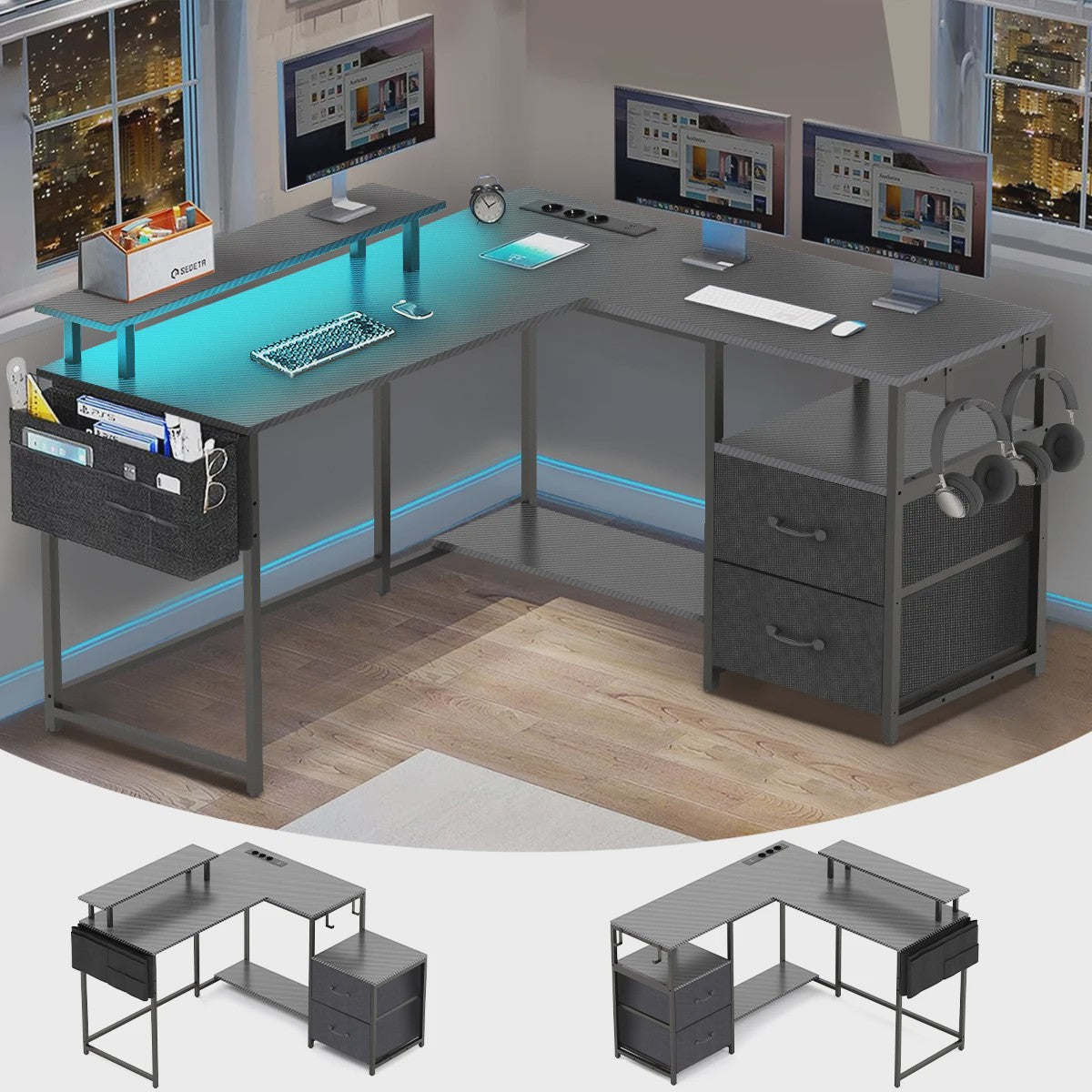 L-vormig Bureau met LED Verlichting, 2 Stopcontacten, USB/Type-C Poorten & Ladeblok - Ideaal voor Gaming & Werk
