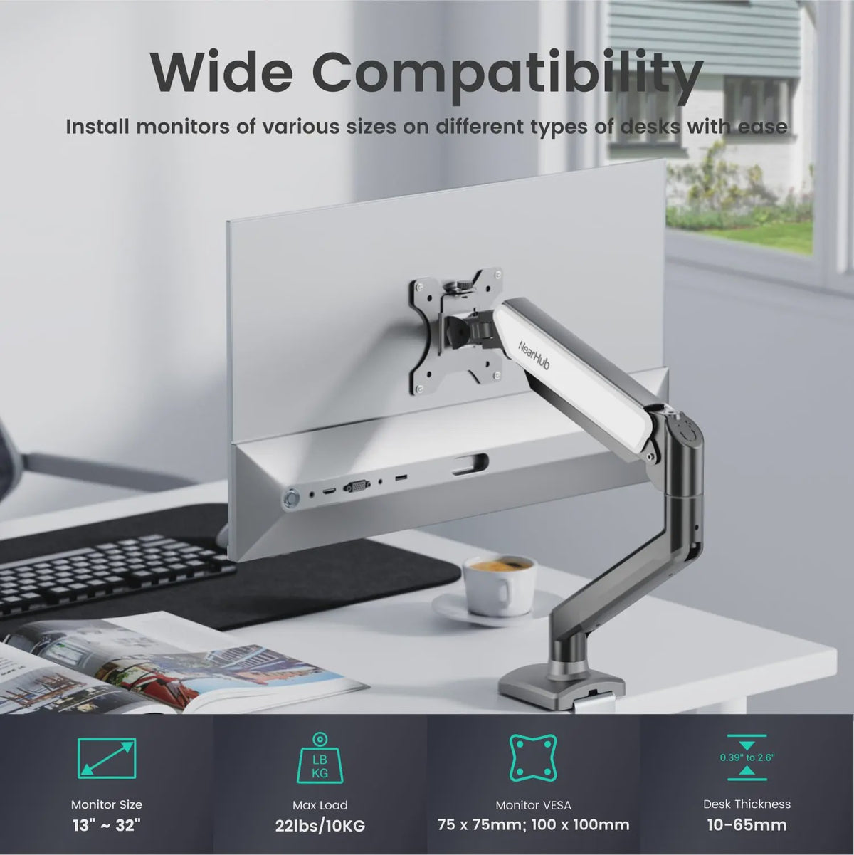 Nearhub Monitor Arm: Volledig Verstelbare Bureau Mount met 360° Rotatie & 180° Zwenkfunctie