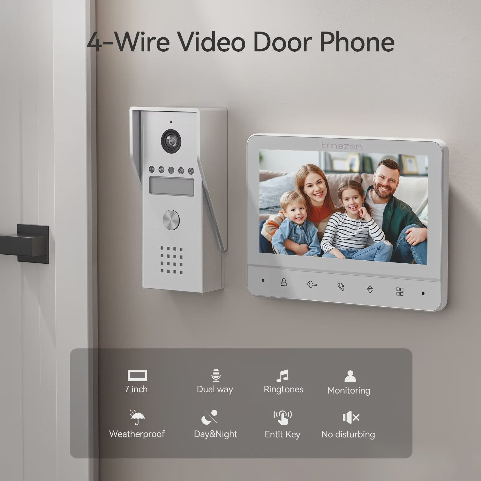 TMEZON 4-Draads Videofoon Intercom Systeem met 7" Kleurendisplay en 120° Camera