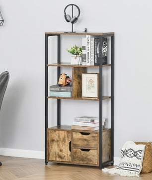 Industriële Boekenkast met 4 Niveaus, 2 Laden en Deur - 58x24x122 cm - Marrón Rústico