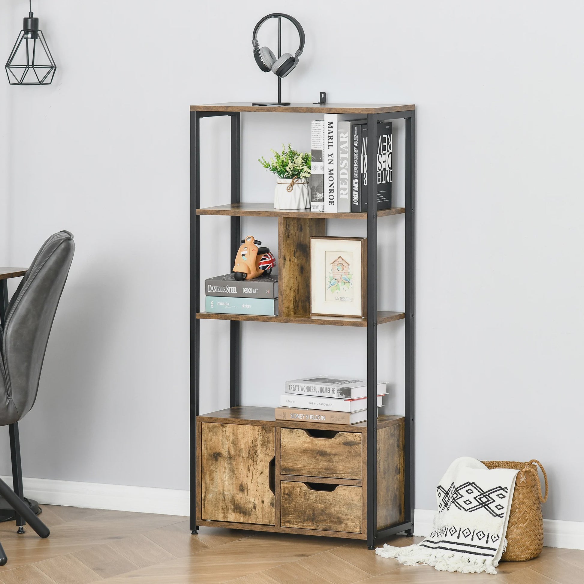 Industriële Boekenkast met 4 Niveaus, 2 Laden en Deur - 58x24x122 cm - Marrón Rústico