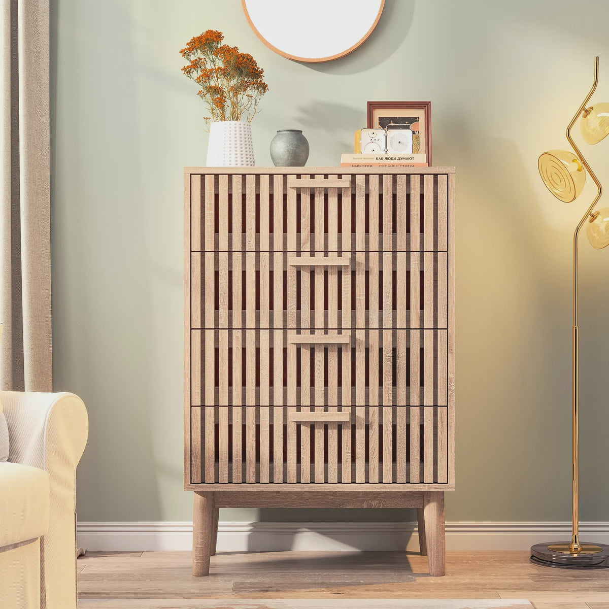 Scandinavische Houten Ladekast met 4 Laden - Ribbel Front & Houten Poten