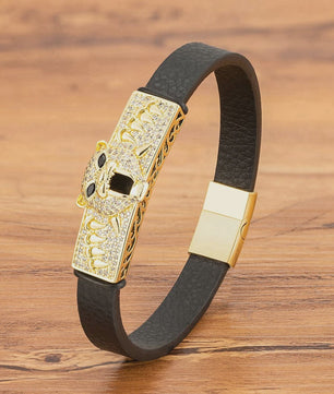 Heren Lederen Armband met Leopard Hoofd & Kristallen - Vintage Punk Rock Stijl