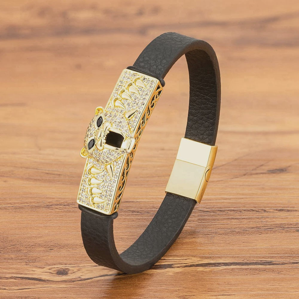 Heren Lederen Armband met Leopard Hoofd & Kristallen - Vintage Punk Rock Stijl