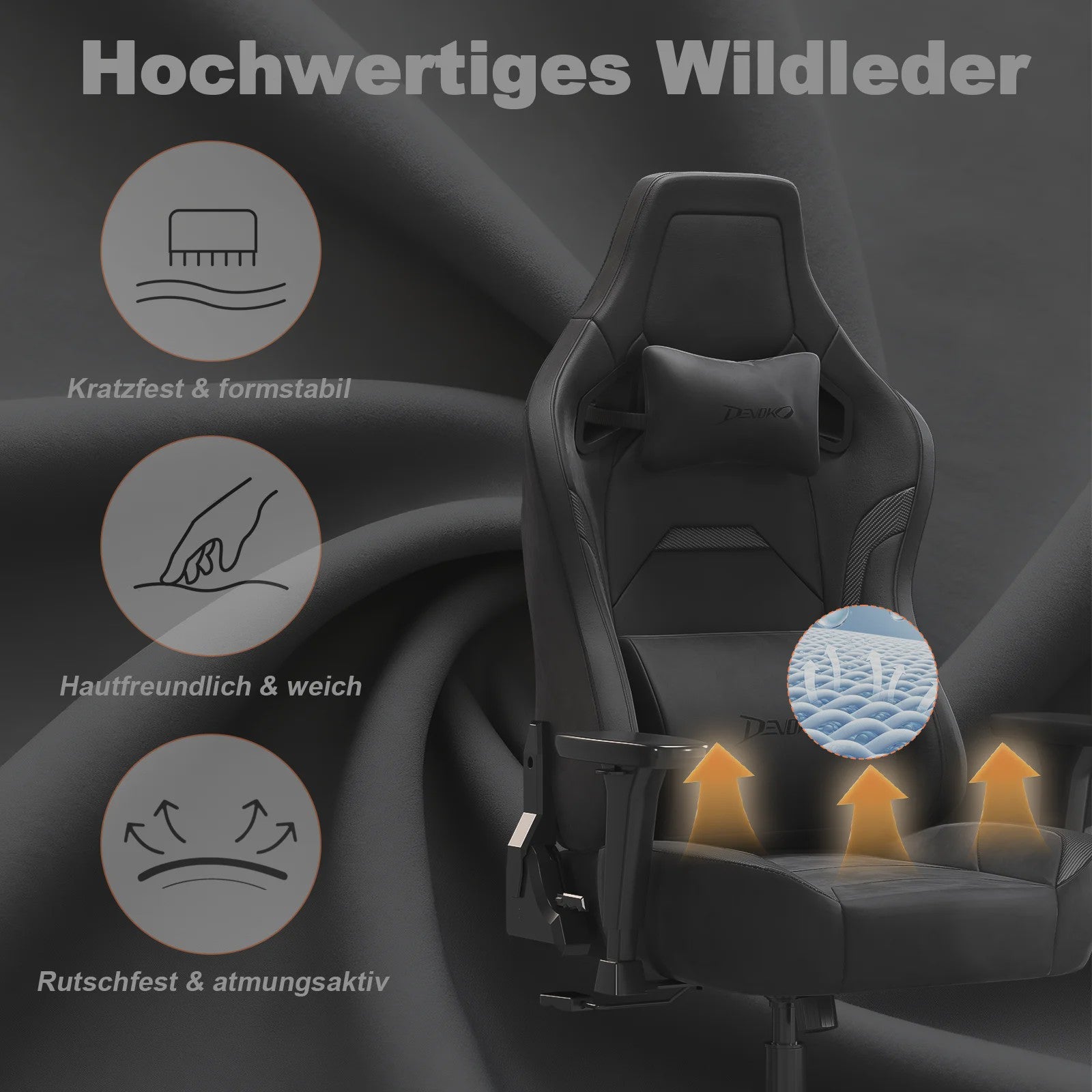 Retro Gaming Stoel van Suède met 3D Armleuningen, Lendesteun & Verstelbare Rugleuning