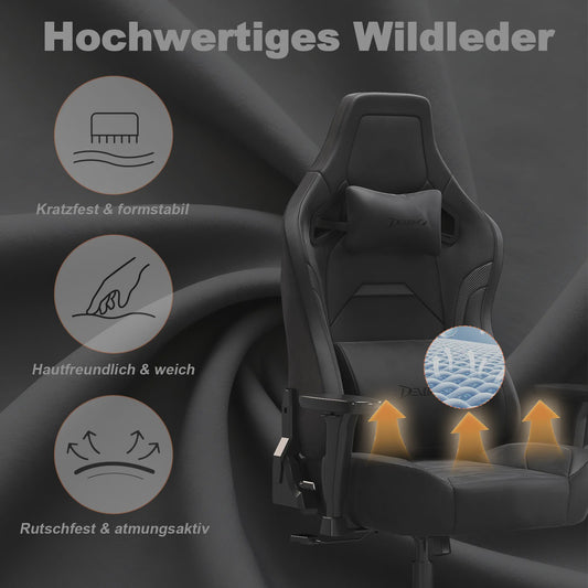 Retro Gaming Stoel van Suède met 3D Armleuningen, Lendesteun & Verstelbare Rugleuning