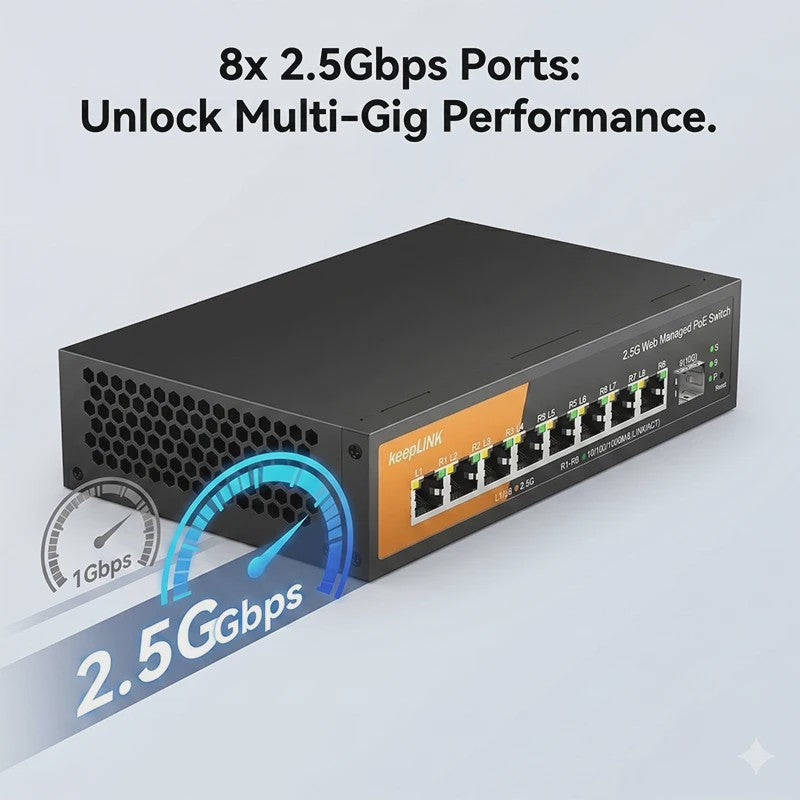KeepLink 9-Poorts 2.5G/10G Web Managed PoE Switch | 135W | 8x 2.5Gbps PoE | 1x 10Gbps SFP+