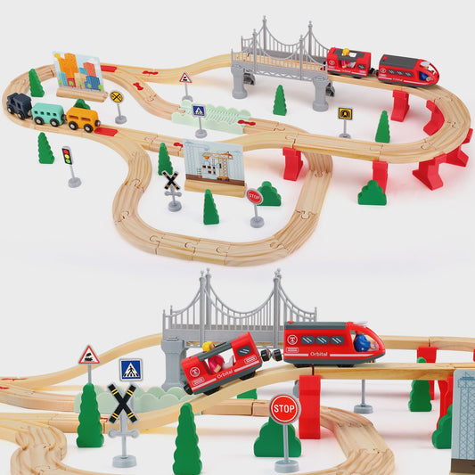 72/108 Pieces Montessori Set Of Children's Toy Wood Trains, Cars, Engineering Railway Wooden Train set Gift For Boys And Girls