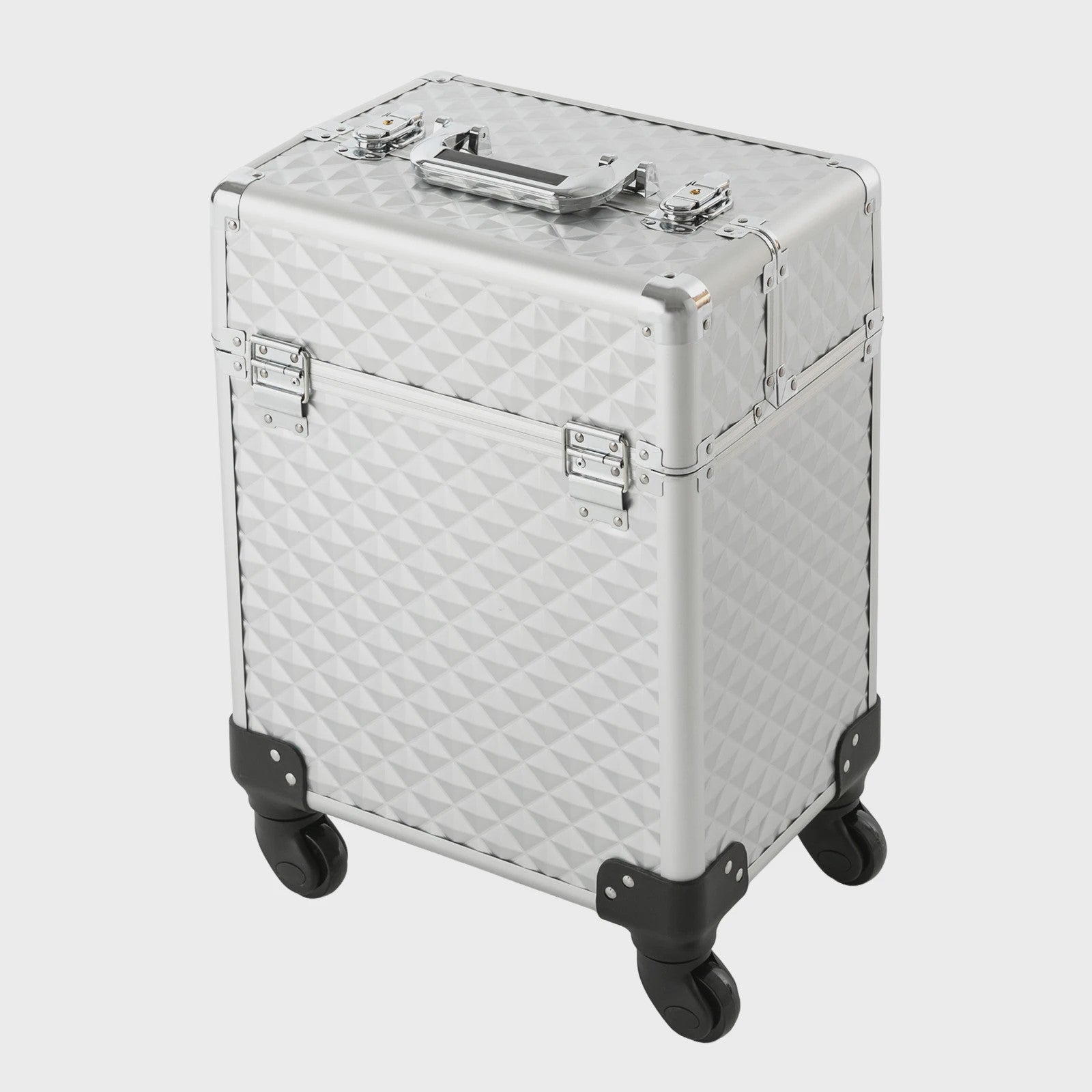 Zilveren Verrijdbare Make-up Koffer - Grote Professionele Trolley voor Cosmetica