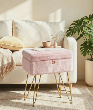 Luxe Fauteuil Poef met Opbergruimte & Pluche Zitting - Goudkleurige Poten