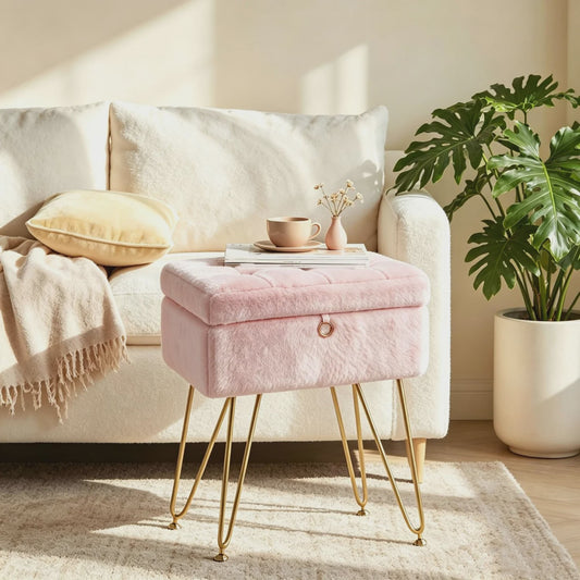 Luxe Fauteuil Poef met Opbergruimte & Pluche Zitting - Goudkleurige Poten
