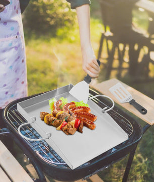 RVS Grillplaat met Handvatten en Spatels - Ideaal voor Buiten BBQ, Camping & Familie Diner