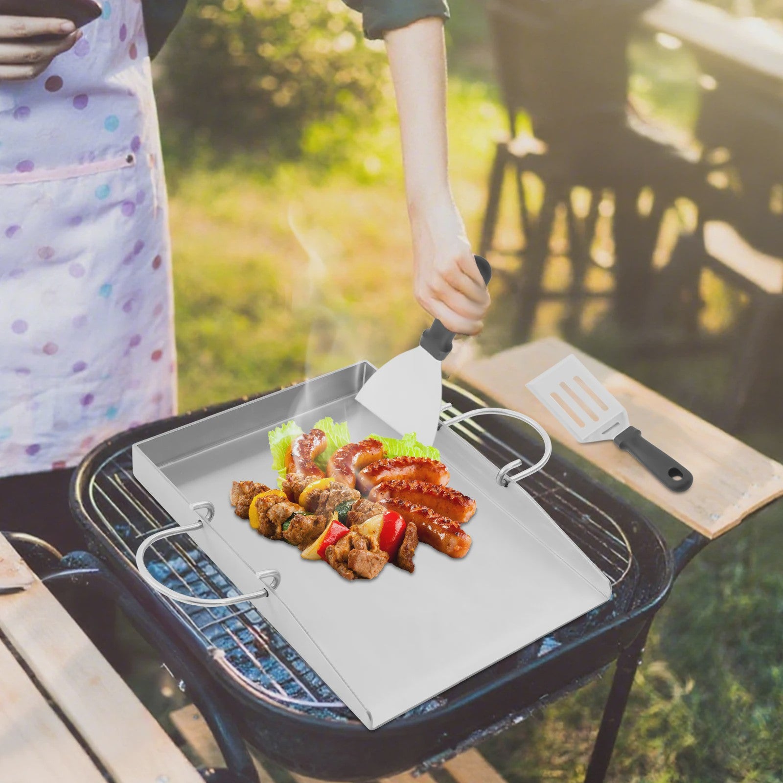 RVS Grillplaat met Handvatten en Spatels - Ideaal voor Buiten BBQ, Camping & Familie Diner