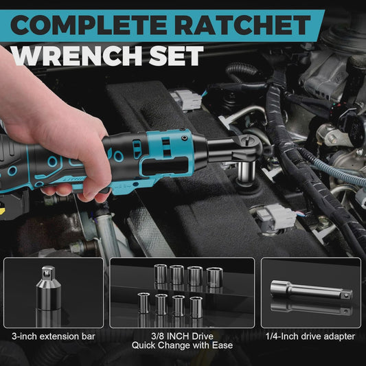 Krachtige 21V Accu Ratel Sleutel Set - 100Nm Koppel, Borstelloos, 3/8 Inch, Incl. 2 Batterijen & 8 Doppen