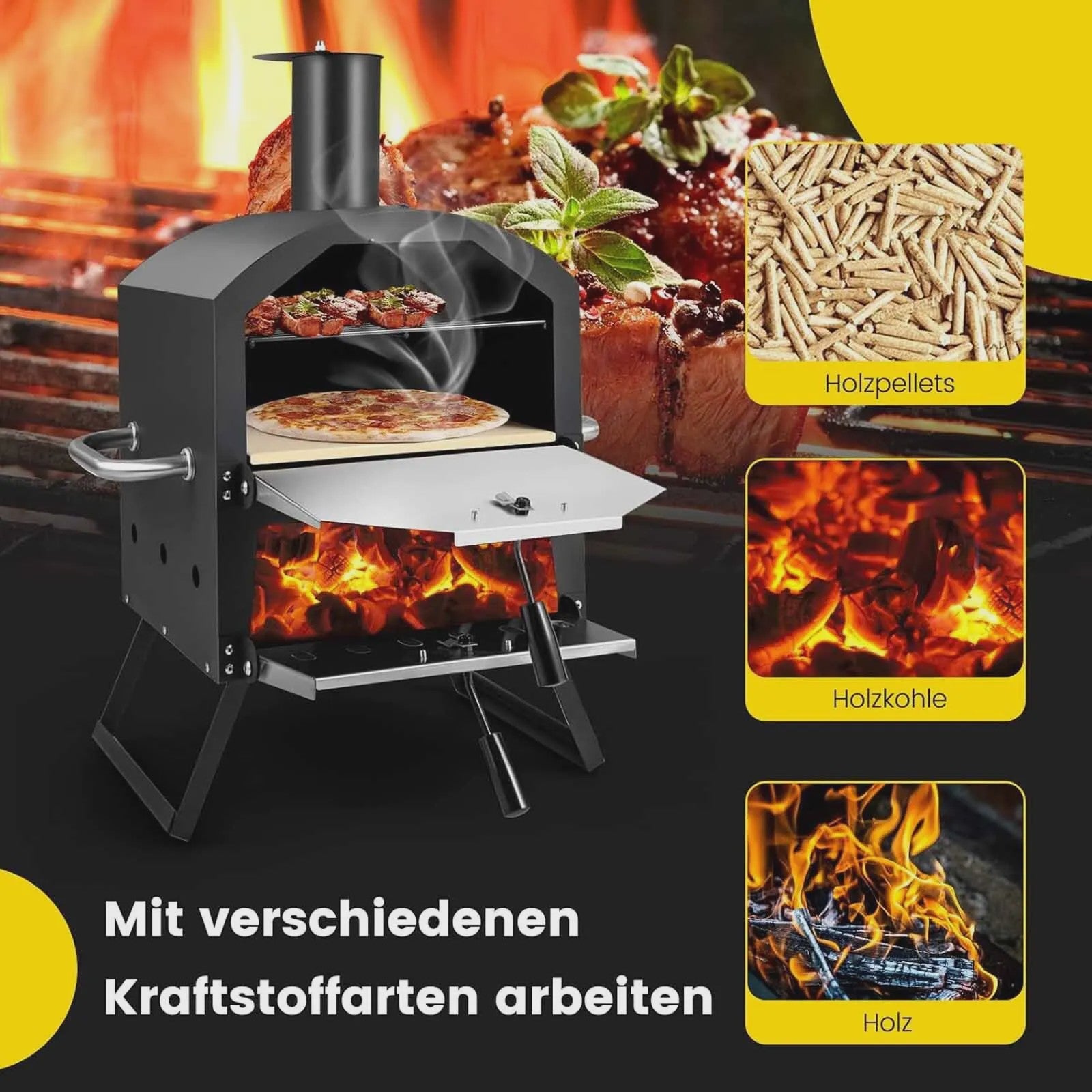 Outdoor Pizzaoven met 2 Lagen, Grillrooster, Pizzasteen & Schep