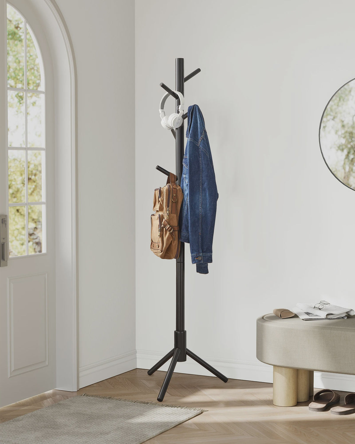 VASAGLE Houten Kapstok - 3 Hoogtes Verstelbaar, 8 Haken, 175cm Hoog