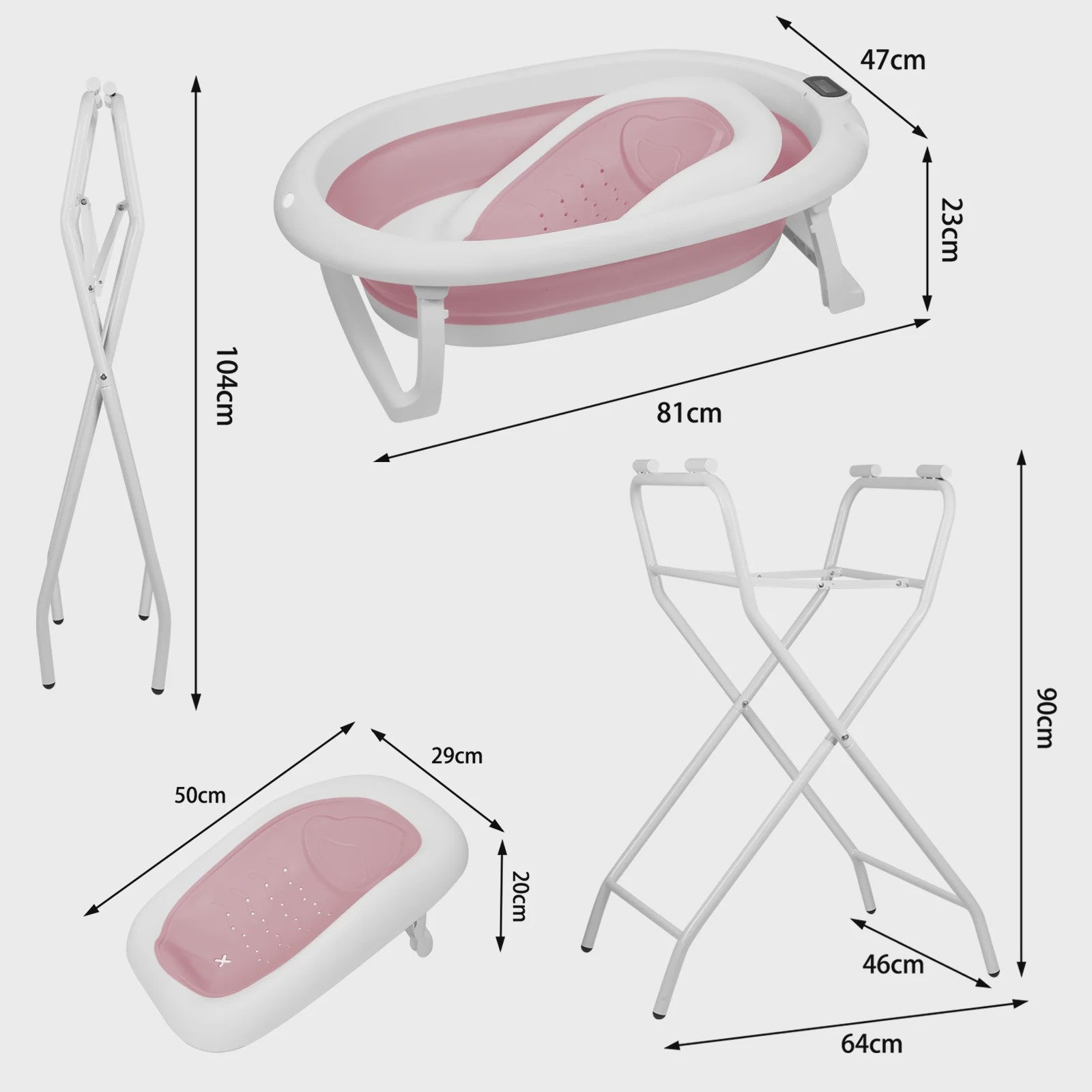 Opvouwbaar Babybadje met Ergonomisch Zitje, Thermometer & Ondersteuning (0-18 mnd) - Grijs/Blauw/Roze