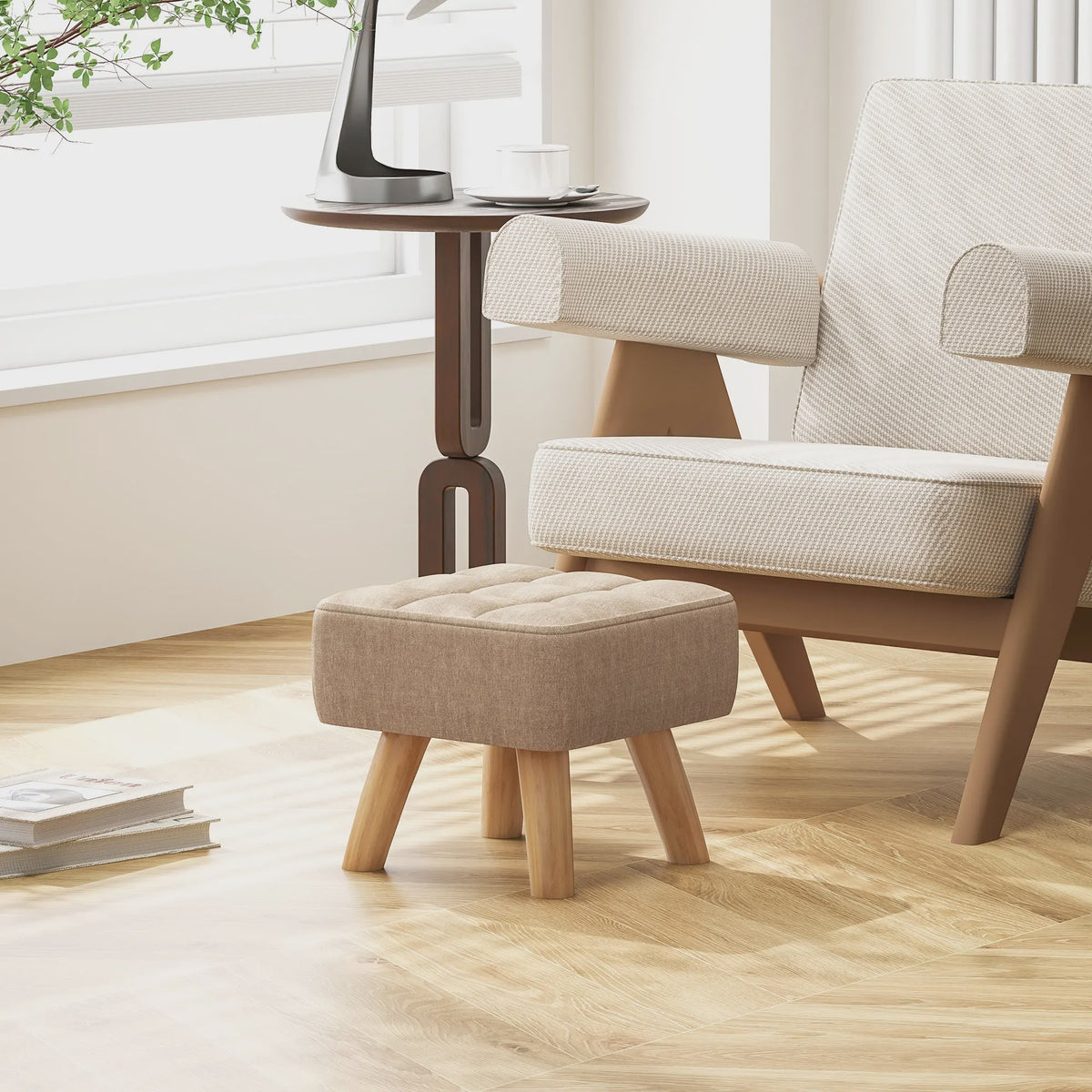 Stijlvolle Voetenbank / Poef met Stoffen Zitting en Houten Poten - Compact en Comfortabel