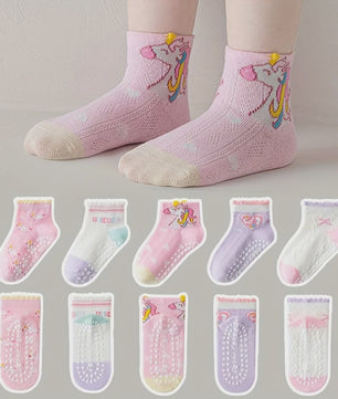 5 Paar Antislip Sokken Kinderen - Unicorn & Hartjes - Zacht & Comfortabel