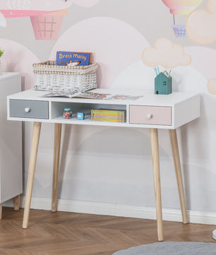 Scandinavisch Kinderbureau met Lade en Opbergvak - Wit/Grijs/Roze - 100x48x76.5 cm