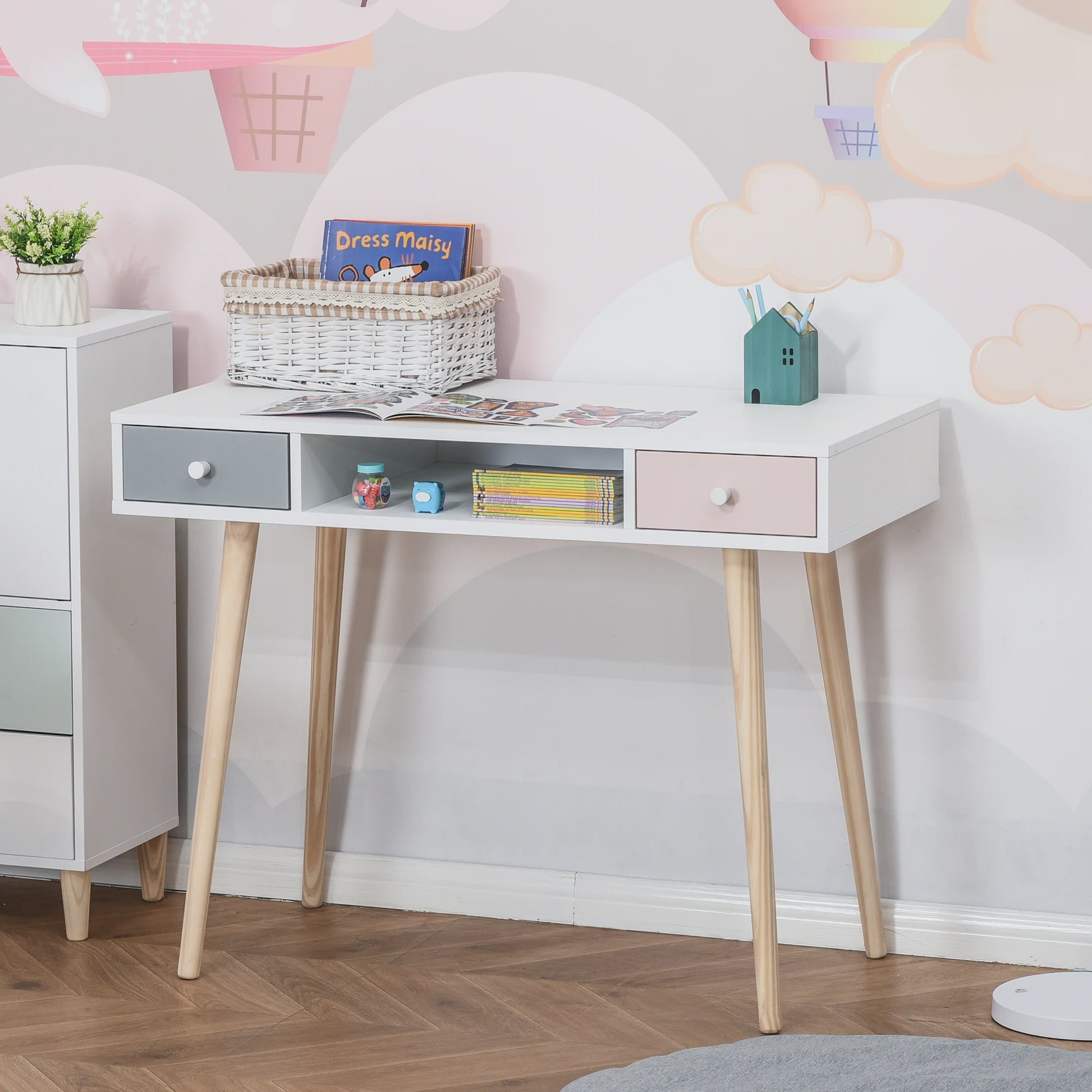 Scandinavisch Kinderbureau met Lade en Opbergvak - Wit/Grijs/Roze - 100x48x76.5 cm