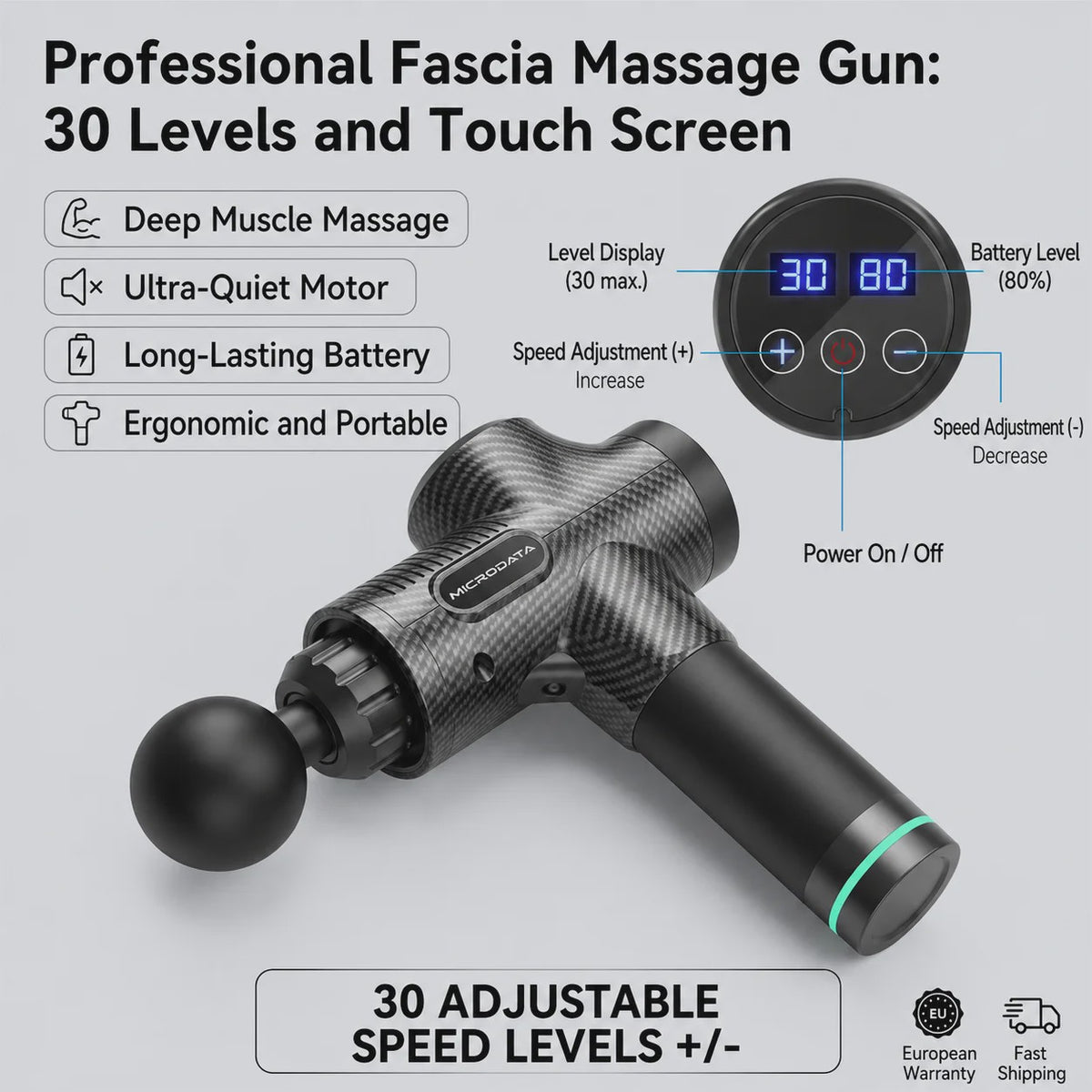 Professionele Massage Gun met LCD Touchscreen - 30 Snelheden voor Diepe Spierontspanning