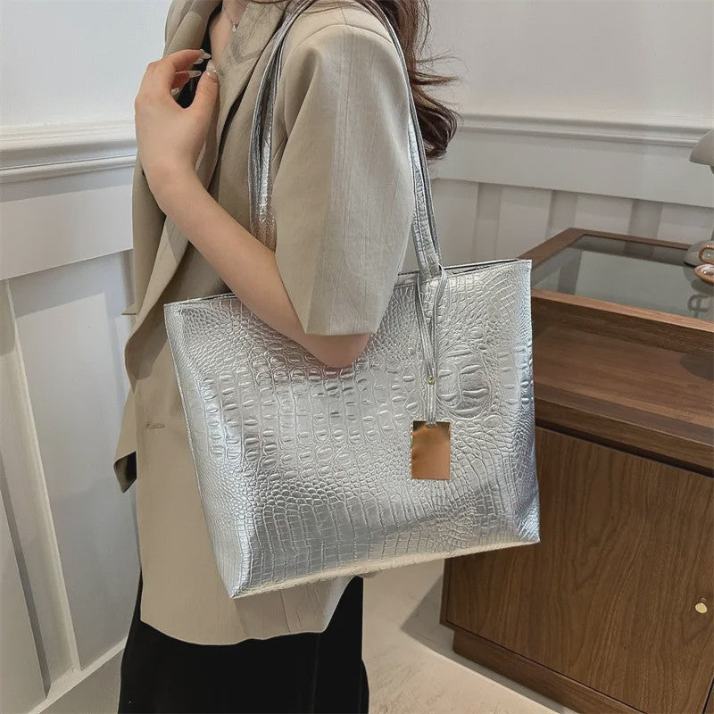 Luxe Dames Handtas Schoudertas Croco Print PU Leer Groot Formaat – Verkrijgbaar in Zilver, Goud, Zwart