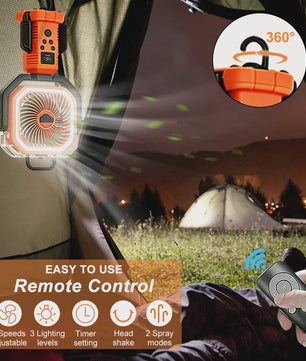Draagbare Camping Ventilator met Vernevelaar, 20000mAh, Afstandsbediening & LED Licht