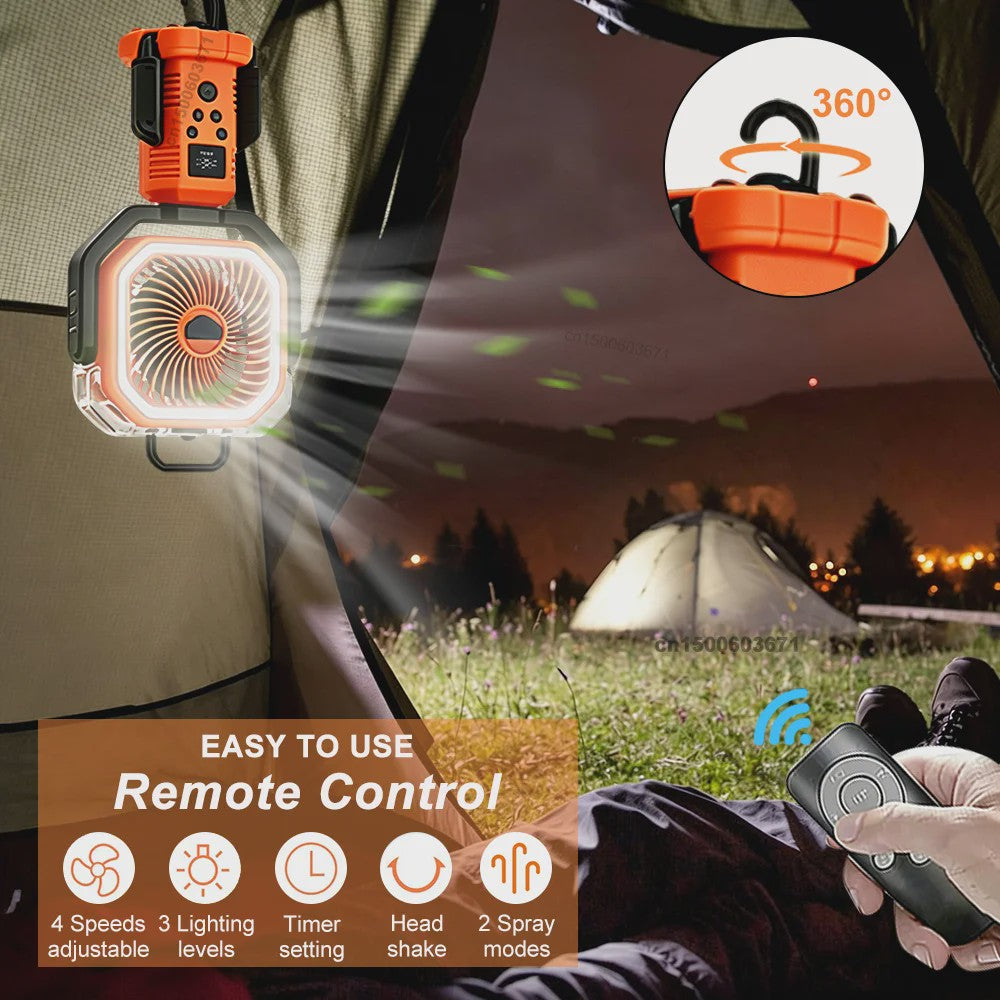 Draagbare Camping Ventilator met Vernevelaar, 20000mAh, Afstandsbediening & LED Licht