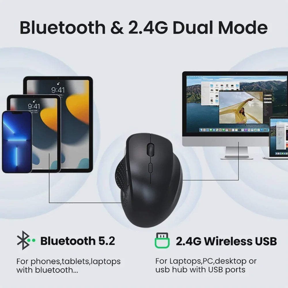 Ergonomische Draadloze Muis: 2.4G & Bluetooth, Oplaadbaar, 1600 DPI, 6 Knoppen