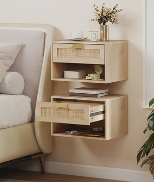 Set van 2 Nachtkastjes Zwevend met Rotan Lade & Open Vak - Scandinavisch Design