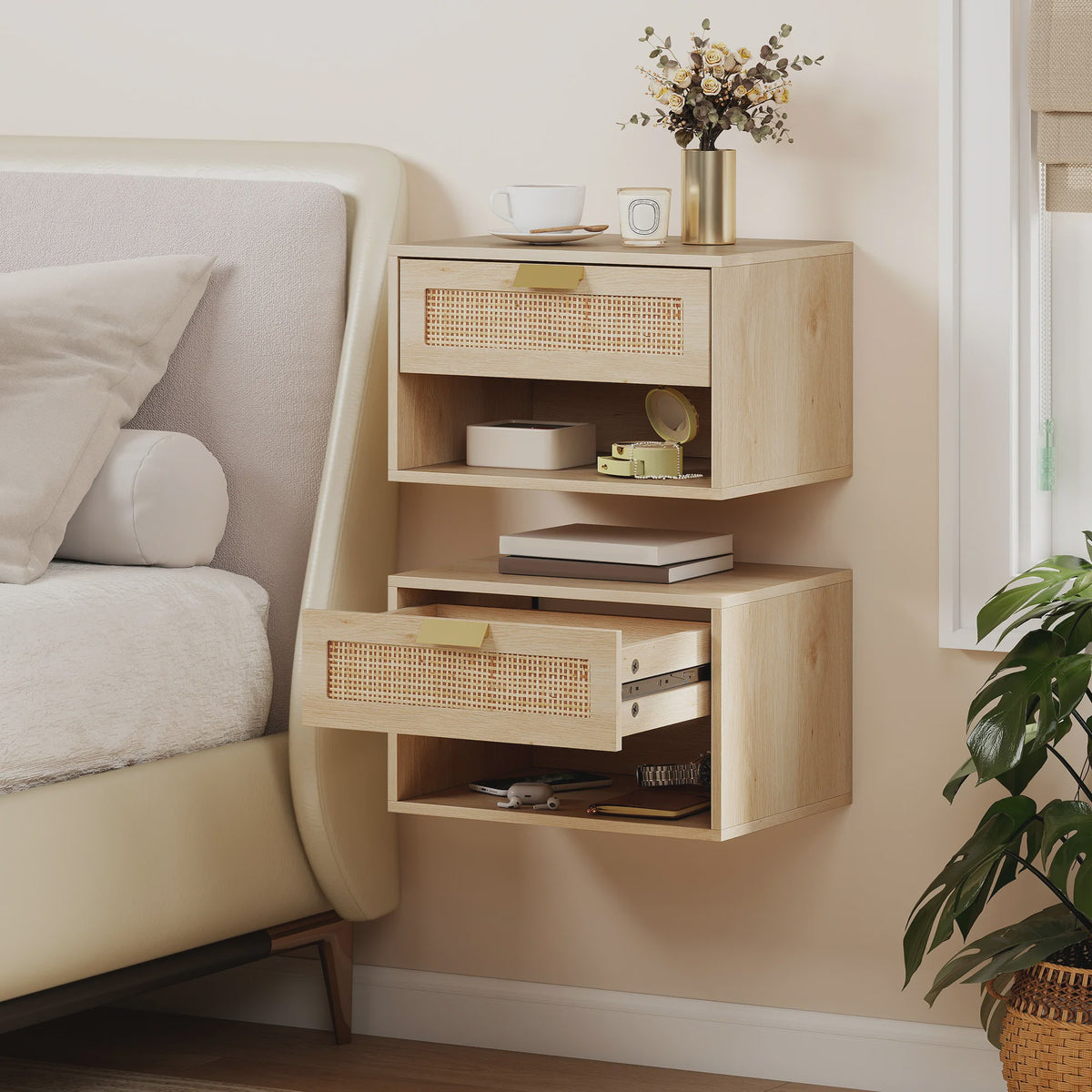 Set van 2 Nachtkastjes Zwevend met Rotan Lade & Open Vak - Scandinavisch Design