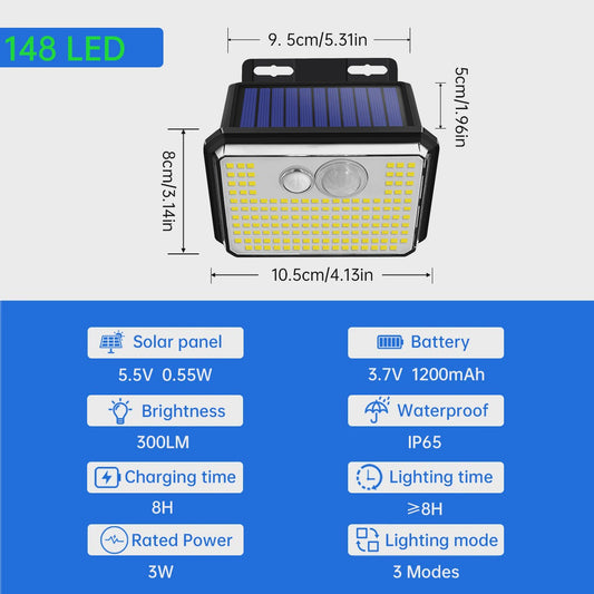 Krachtige Solar Buitenlamp met 148 LED's, Bewegingssensor & IP65 Waterdicht - 3 Modi