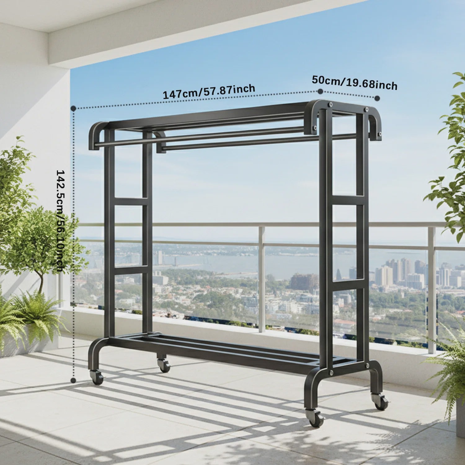 Robuust Kledingrek met Wielen - Dubbele Rails & Opbergruimte - Zwart