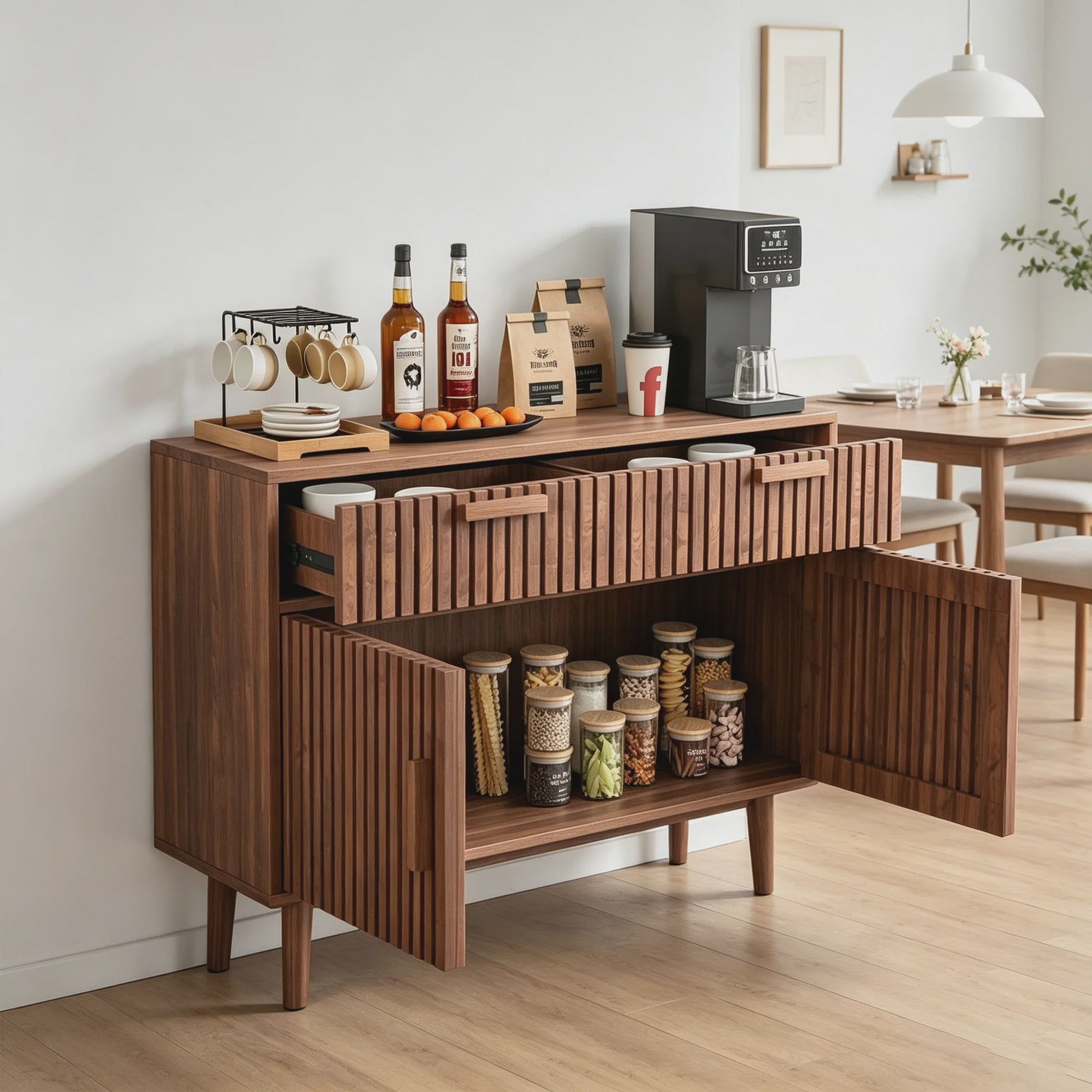 Mid-Century Houten Sideboardkast met 2 Lades en 2 Deuren - Stijlvolle Opbergoplossing