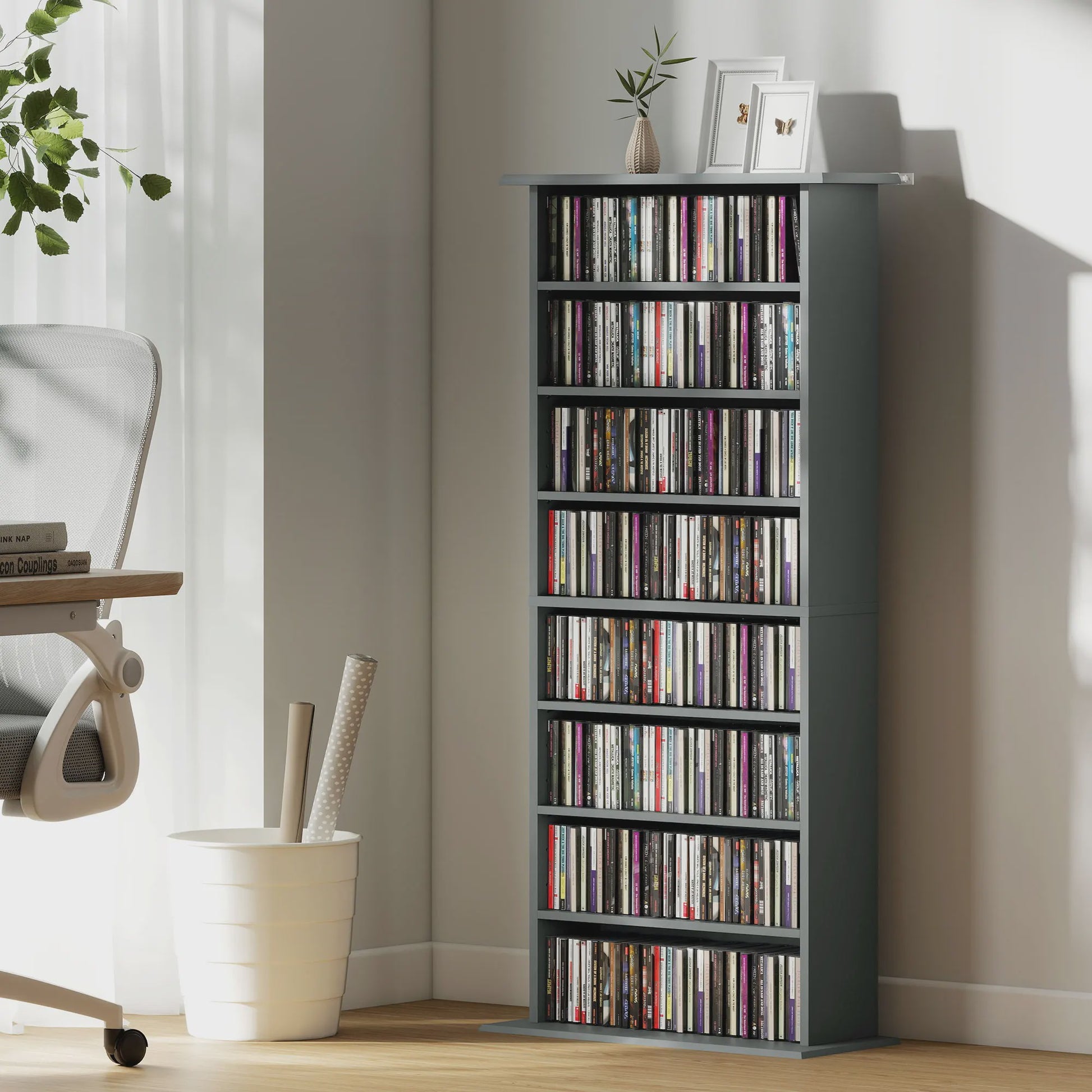 HOMCOM Opbergkast voor CD/DVD/Blu-ray - Grijs - 8 Vakken, 6 Verstelbare Planken
