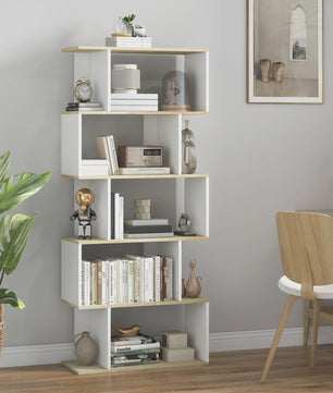 HOMCOM Scandinavische Boekenkast met 5 Vakken - Wit & Houtkleur