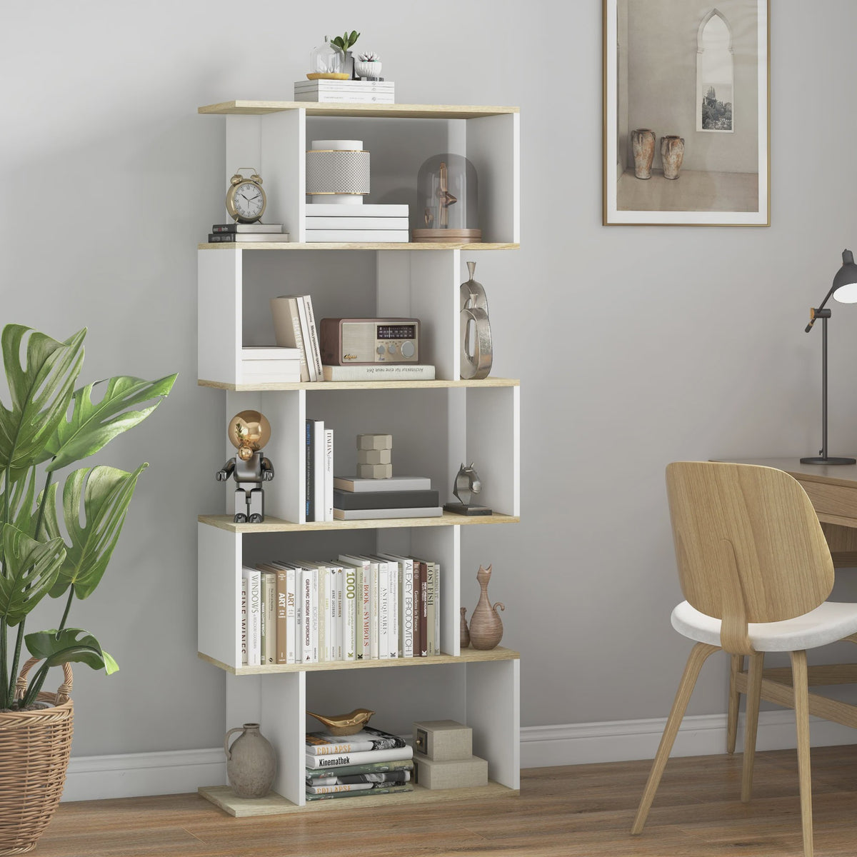 HOMCOM Scandinavische Boekenkast met 5 Vakken - Wit & Houtkleur