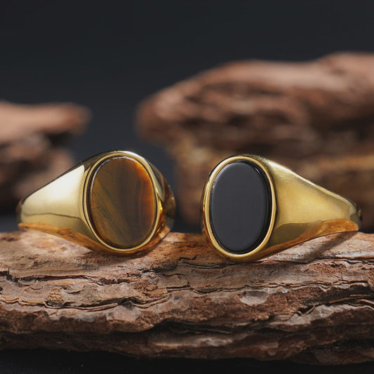 Unisex Vintage Ringen van Roestvrij Staal met Natuursteen (Onyx, Tijgeroog, Lapis Lazuli)