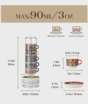 Bohemian Porseleinen Koffiekopjes met Schotels en Metalen Standaard - Set van 6/12